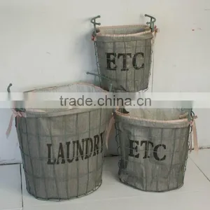 French Industrial Metal Wire Laundry Basket With Fabric Liner thumbnail-1
