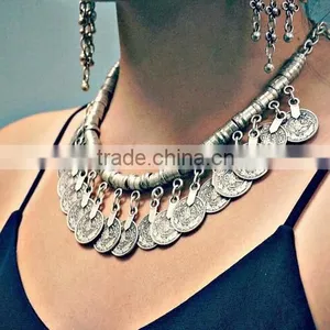 Chunky Punk Tribal Retro Antique Silver Coins Plated Alloy Bib Choker Necklace thumbnail-1