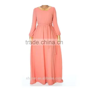 Muslim Gold Sequins Chiffon Abaya Dress Loose Long Sleeve Dubai Islamic Kaftan thumbnail-3