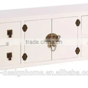 CREAM ORIENTAL WOODEN CABINET W/2 DOORS & 8 DRAWERS thumbnail-1