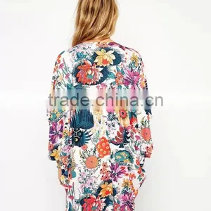 Wholesale Latest Fashion Women Floral Kimono Cardigan Chiffon Blouse Loose Quimono Flower Print Casual Cardigans thumbnail-3