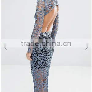 Good Quality Fashion Petrol Blue Bandeau Underlay Kick Split Lace Open Back Dress thumbnail-1