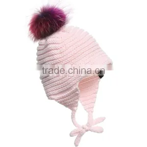 Myfur Removable Raccoon Fur Pompom Crochet Baby Hat With Earflap thumbnail-3