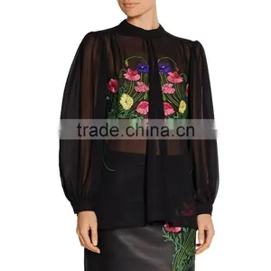 New Model Embroidery Patch Back Neck Elegant Design Long Sleeve New Women Blouses Design Chiffon Blouse thumbnail-1