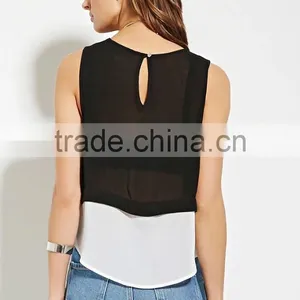 2016 Guangzhou Shandao Oem Service Summer New Design Chiffon Sleeveless Fashion Lady Black and White Tank Top in Bulk thumbnail-3