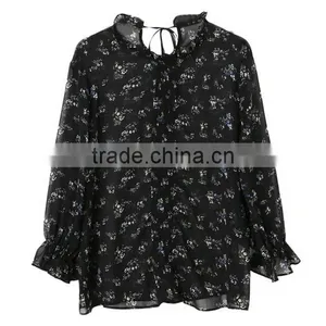 2017 Fashion Womens Puff Sleeve Chiffon Printed Blouse Designs Ladies Fashion Elegant Shirts Blouse thumbnail-6