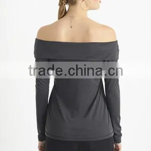 Custom Womens Off-shoulder Cotton Jersey T-Shirts,long Sleeve Black Plain Pure T-shirts for Women thumbnail-4
