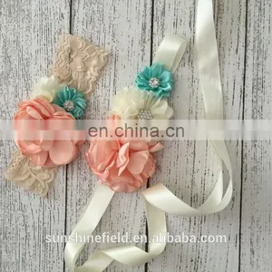 Nude Mint Sash Matching Baby Headband Vintage Inspired Flower Sash Queenbaby Headband Luxe Sash thumbnail-1
