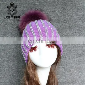 Hot Sale Winter Hat With Ball Cashmere Raccoon Fur Pompom Knit Beanie Beanies thumbnail-4