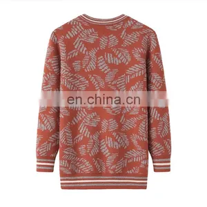 Custom Vintage 100% Cashmere Women's Crew Neck Pullover Knitted Intarsia Leaves Pattern Sweater for Winter OEM Service thumbnail-3