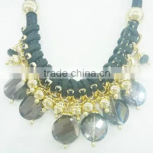 FACHION BRAIDED CORD RHINE STONE NECKLACE EARRING SET WITH BEADS PENDANTS thumbnail-2