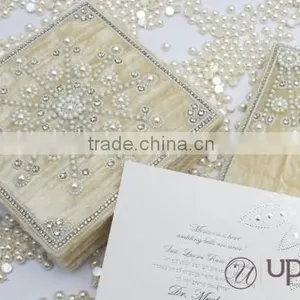Velvet Wedding Invitation Box Ivory Pearls Hand Embroidery thumbnail-2