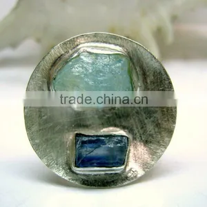 Aquamarine & Blue Kyanite Rough Natural Gemstone Ring, 925 Solid Sterling Silver Ring, Designer Raw Bowl Shaped Ring thumbnail-3