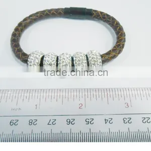 Stainless Steel Leather Bracelet With Crystal Charm thumbnail-2