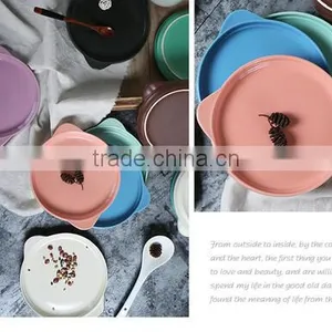 9'' Ceramic Round Bakeware With Ear Handle Ceramic Cake Bakeware With Handle Breakfast Ceramic Tray thumbnail-2