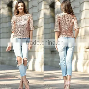 European Style 2017 Spring Women's Fashion Women's Sequin Blingbling T-shirt Brand thumbnail-6