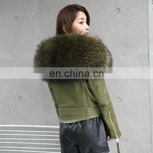 2017 High Quality Large Fluffy Real Raccoon Fur Collar Jacket Coat Lady Winter Sheepskin Genuine Sheep Leather Jacket Women thumbnail-3