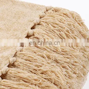 Light Yellow Acrylic High Quality Blanket Jacquard Knitted Blanket With Tassels thumbnail-2