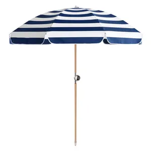 Portable 7FT Striped Beach Umbrella Eco Polyester Fiberglass Ribs Tilt Outdoor Wholesale thumbnail-4