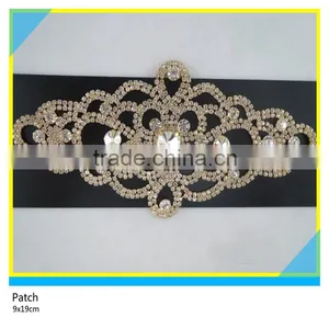 Gold Rhinestone Trimming Jewelry Applique Sew on Banquet Garment Rhinestone Patch 9x19cm thumbnail-1