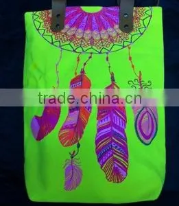 Hmong Indian Tote Neon Green Canvas Bag Feather Pattern thumbnail-1