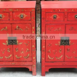Chinese Wooden Red Wedding Bedside Cabinet thumbnail-1
