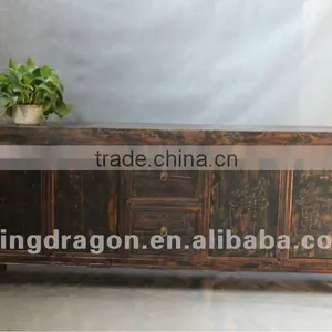 Chinese Antique Furniture Pine Wood Dark Wood Color Shanxi Four Door Two Drawer TV Cabinet thumbnail-1