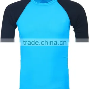 92% Polyester 8% Spandex (Lycra) Plain Cyan Short Sleeves Compression Shirt / Rash Guard With Black Sleeves thumbnail-1