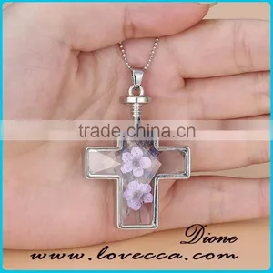 Fashion Latest Design Golden Cross Real Dried Flower Necklace Crystal thumbnail-6