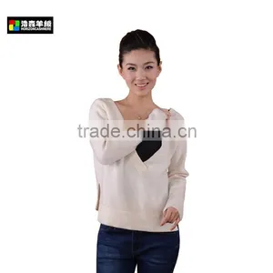 Ladies Knit Deep V Neck Wool Cashmere Sweater, Ladies Trendy White Wool Sweater thumbnail-1