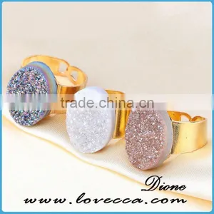 Wholesale Druzy Quartz Ring Blue Natural Druzy Agate Stone Round 10mm Gold thumbnail-3