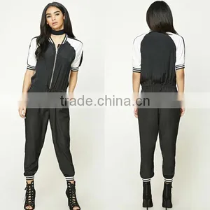 Adult Casual Harem Pants Breathable Half Sleeve Design Drawstring Waist Fashion Contrast Black Sexy Womens Bodycon Jumpsuits thumbnail-1
