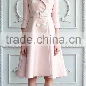 Classic Elegant Ladies Pinched Waist Solid Color Double Breasted Long Windbreaker Wind Coat thumbnail-3