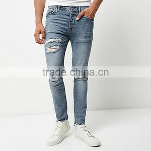 Men Five Pockets Light Blue Wash Super Skinny Ripped Jeans thumbnail-2