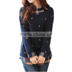 Spring and Autumn Lovely Printed Fake 2pcs Long Sleeve Blouse Designs Fashion Women Plaid Shirt thumbnail-1