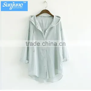Wholesale Womens 100% Cotton Soild Oxford Print Blouse With Hood thumbnail-1
