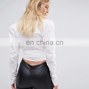 Women Fashion Clothes Wrap Front V Neckline Long Sleeves Lady Blouse Top With Tie Side thumbnail-3