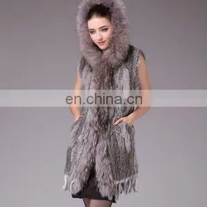 Rabbit Fur Kintted Cape Long Vest With Raccoon Collar /#00V31 thumbnail-1