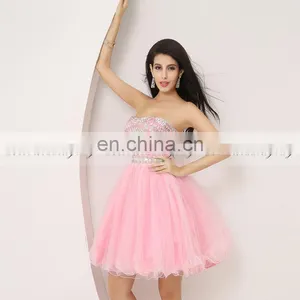 Best Selling Sweetheart Sleeveless Pink Tulle Short Party Dress Crystal Cocktail Dresses thumbnail-3