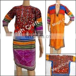 Afghani Mirror Work Dress - Belly Dance Costume Dress- Afghani Embroidered Tunic- Balochi Dress - Kuchi Vintage Tunic thumbnail-1