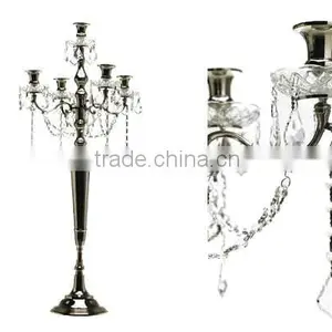 5 Lite Wedding Decor Candelabra With Hanging Crystals, Decorative Candelabra For Wedding And Parties thumbnail-1