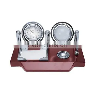 Two Globe Combined Clock Wood Stand Desk Wooden Clock thumbnail-1