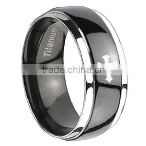 Titanium Chirstian Cross Dome Black Ip Silver Edged Engraved Ring, Christian Cross Ring For Men And Women thumbnail-1