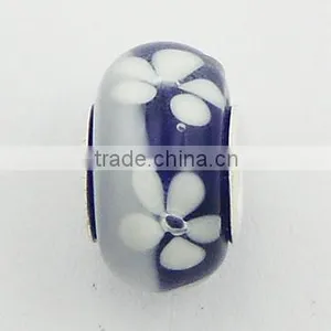 Frosty White Blue Murano Glass Bead White Fancy Flowers thumbnail-1