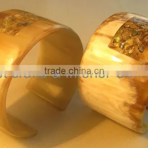 Buffalo Horn Cuff Bracelet With Abalone Chased thumbnail-1