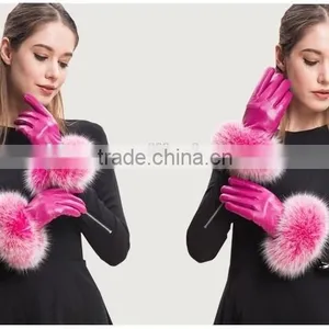 Hot Pink Lamb Leather Gloves With Fluffy Fox Fur Trim Fashion Leather Wrist Gloves thumbnail-3
