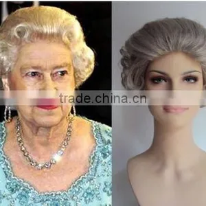 DELUXE GREY CURLY QUEEN ELIZABETH ROYAL OLD LADY GRANNY WIG thumbnail-1