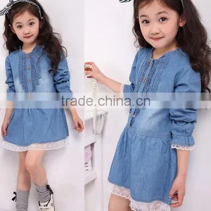 Fashion Kids Denim Blue Flower Lace Single-breasted Long Sleeve Girls Formal Dresses 20009 thumbnail-1