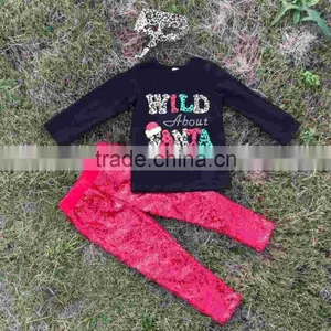 Baby Clothes Girls Cute WILD ABOUT SANTA Black Outfits Kids Red Sequins Pant Sets Kids Long Sleeve Sets With Leopard Headband thumbnail-1