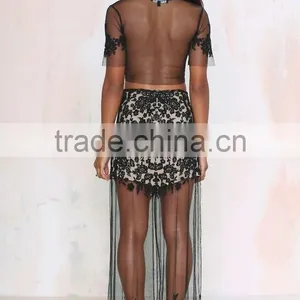 Slim Front Lace See Through Floral Print Latest Long Skirt Design thumbnail-5